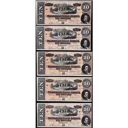 Lot of (5) Consecutive 1864 $10 Confederate States of America Notes