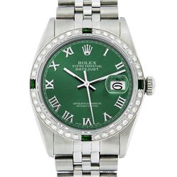 Rolex Mens Stainless Steel Green Roman Diamond & Emerald Datejust Wristwatch