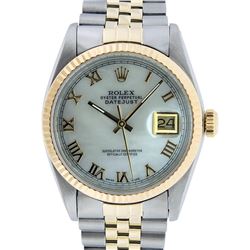 Rolex Mens 2 Tone 14K Mother Of Pearl Roman Datejust Wristwatch