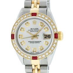 Rolex Ladies 2 Tone 14K Silver Diamond & Ruby Datejust Wristwatch