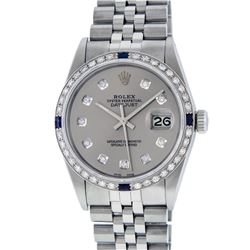 Rolex Mens Stainless Steel Gray Diamond & Sapphire 36MM Datejust Wristwatch