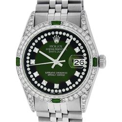 Rolex Mens Stainless Steel Diamond Lugs Green Vignette & Emerald Datejust Wristw