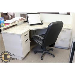 ARBORITE TOP CORNER DESK WITH OFFICE CHAIR. 61" X 82"