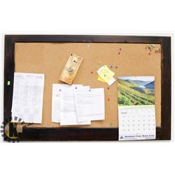 WOOD FRAMED CORK BOARD. 48" X 30".