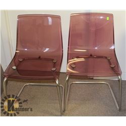 PAIR OF CLEAR PLASTIC AND CHROME SIDE CHAIRS.
