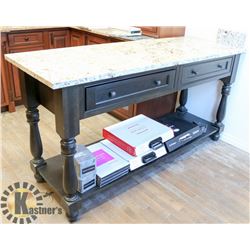 MARBLE TOP ISLAND WITH DRAWERS. 24.5" X 70".