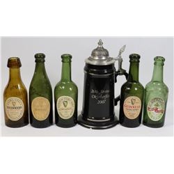 VINTAGE BEER BOTTLES AND OCTOBERFEST DECANTER.