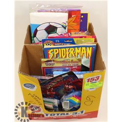 LARGE BOX WITH BIRTHDAY NAPKINS, CANDLE, TABLE