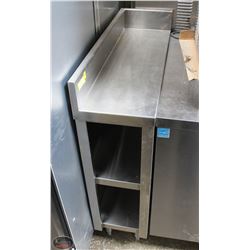 STAINLESS STEEL CORNER SHELF WITH 4" BACKSPLASH.