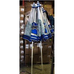 LOT OF 2 BREWHOUSE PATIO UMBRELLAS, BLUE AND GREY.