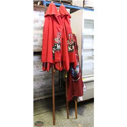 LOT OF 3 RICHARDS RED PATIO UMBRELLAS.