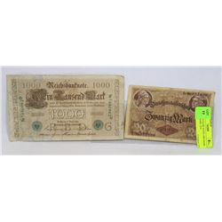 2 GERMAN BANK NOTES 1000 MARK 1910, 20 MARK 1914.