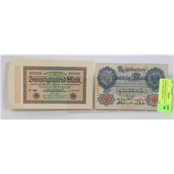 2 GERMAN BANKNOTES 20 MARK 1914, 20000 MARK 1923.