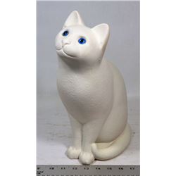 LARGE HEAVY WHITE CAT STATUE WITH BLUE EYES.