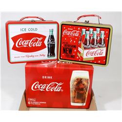 6 COCA COLA GLASSES & 2 RETRO METAL LUNCH BOXES.