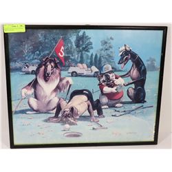 FRAMED VINTAGE DOGS GOLFING PRINT SIGNED BY