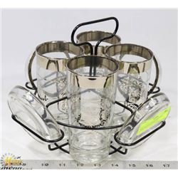 VINTAGE SILVER RIMMED 8PC GLASS AND COASTER SET.