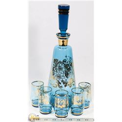 7PC BLUE AND GOLD GLASS DECANTER & SHOT GLASS
