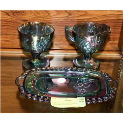 CARNIVAL GLASS SUGAR BOWL AND CREAMER WITH TRAY
