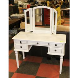 WHITE VANITY WITH MIRROR-DAMAGED LEG AS IS