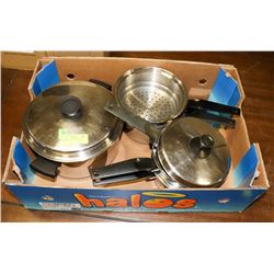 6 ASSORTED PANS AND 3 LIDS