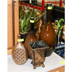 LOT OF 4 VASES INCL 2PC BROWN GLASS SET, 2 LARGE
