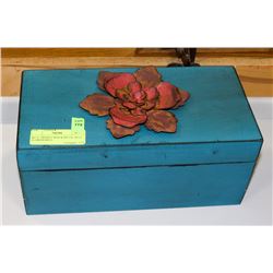 BLUE TRINKET BOX & METAL BLUE FLOWER PIECE.