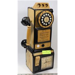 VINTAGE WOODEN PAY PHONE REPLICA CLOCK AND PHONE