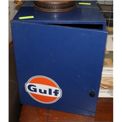 2 VINTAGE 'GULF' METAL, 3 SHELF CABINETS - 20"H X
