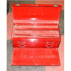 RED METAL BEACH TOOL BOX WITH CONTENTS