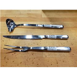 STAINLESS BUFFETWARE, KNIFE, FORK, LADLE LOT OF 3