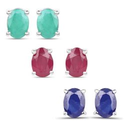 5.30 Carat Emerald, Glass Filled Ruby and Glass Filled Sapphire .925 Sterling Silver Earrings