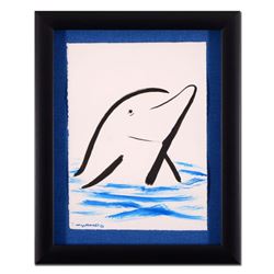 Wyland -  Dolphin  Framed Original Sumi Ink and Watercolor Painting, Hand Signed with Certificate of