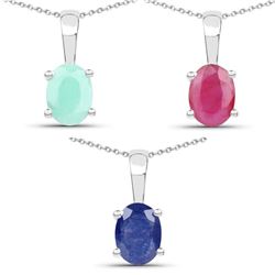 2.65 Carat Emerald, Glass Filled Ruby and Glass Filled Sapphire .925 Sterling Silver Pendant