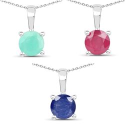 2.75 Carat Emerald, Glass Filled Ruby and Glass Filled Sapphire .925 Sterling Silver Pendant