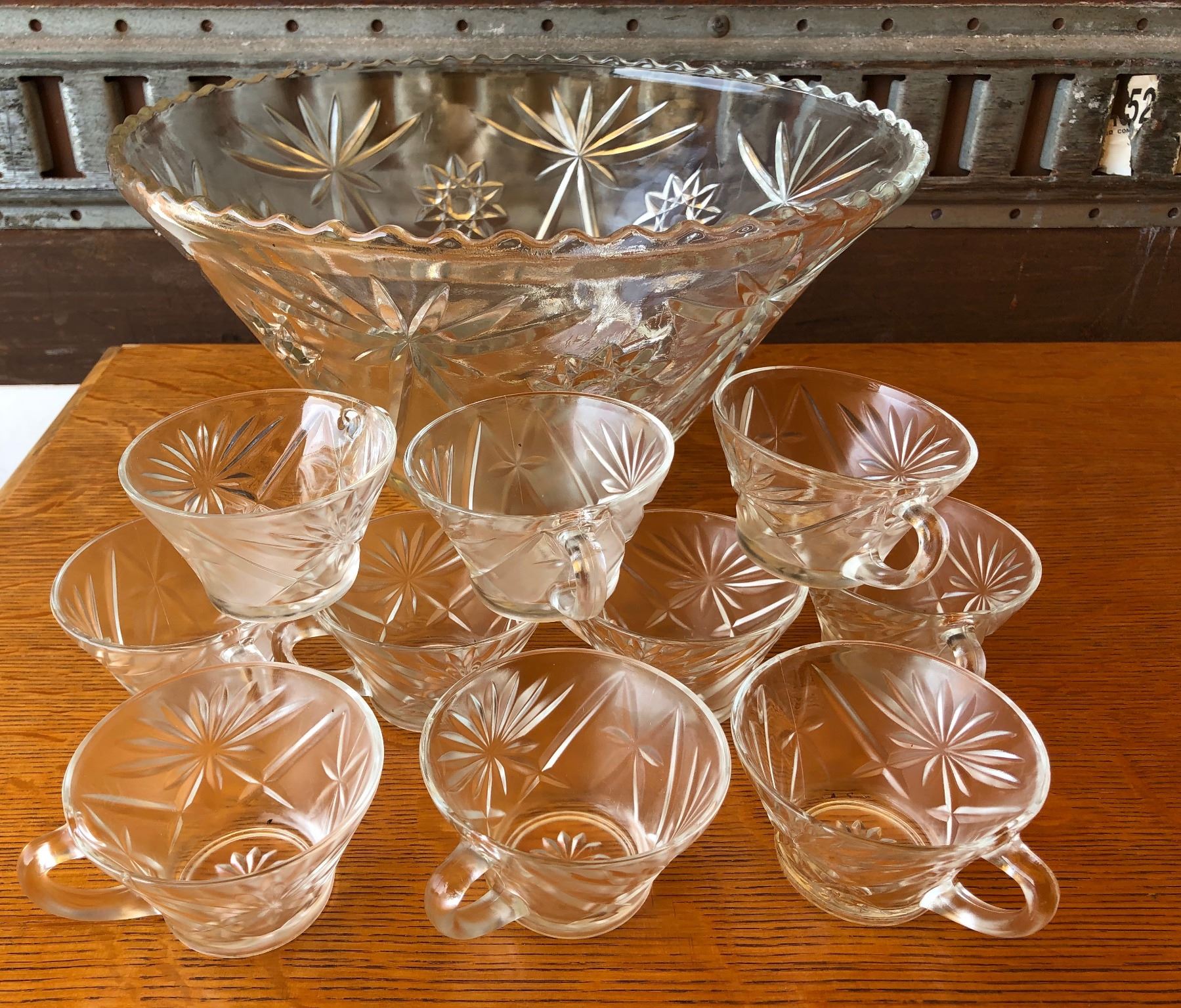 VINTAGE CUT GLASS PUNCH BOWL SET