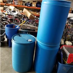 3 BLUE 45 GALLON PLASTIC DRUMS