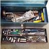 Image 1 : BLUE METAL TOOLBOX W/ CONTENTS AND ANTIQUE HAND ANGLER