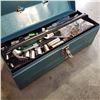 Image 2 : BLUE METAL TOOLBOX W/ CONTENTS AND ANTIQUE HAND ANGLER