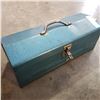 Image 3 : BLUE METAL TOOLBOX W/ CONTENTS AND ANTIQUE HAND ANGLER