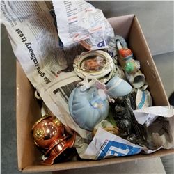 BOX LOT CHINA TEA CUPS, PICTURE FRAMES, FIGURINES, DIVE HELMET, CLOCK, ETC