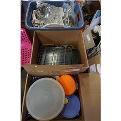 2 BOXES OF KITCHEN ITEMS AND BIN OF POTS AND GLASSWARE