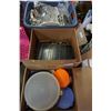 Image 1 : 2 BOXES OF KITCHEN ITEMS AND BIN OF POTS AND GLASSWARE