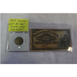 1923 CANADIAN 25c BILL SHIN PLASTER PLUS 1923 NICKEL