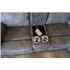 Image 8 : NEW MODERN GREY STITCHED MICROSUEDE 3 PIECE SECTIONAL SOFA, WITH 3 POWER RECLINERS, 2 CONSOLES, AND 