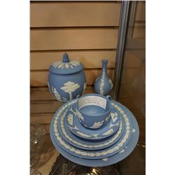 LOT OF WEDGEWOOD PLATES, CUP AND SAUCER, LIDDED BISCUIT BARREL, AND VASE MADE IN ENGLAND