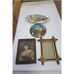 SILVER PLATE TRAY, SALT AND PEPPER, SPOONS AND FORKS, VINTAGE PORTRAIT, AND DOME GLASS ART