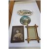 Image 1 : SILVER PLATE TRAY, SALT AND PEPPER, SPOONS AND FORKS, VINTAGE PORTRAIT, AND DOME GLASS ART