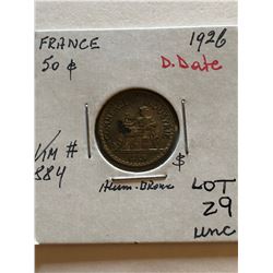 UNC High Grade 1926 France 50 Centimes D Date