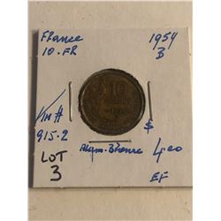 1954B France 10 Franc Extra Fine Grade KM 915.2